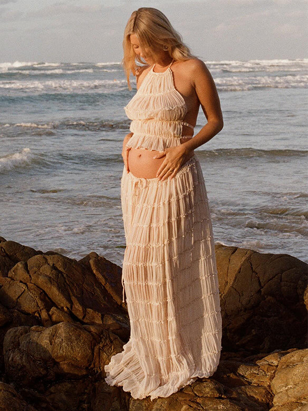 Momsmood Beige 2 Piece Smocked Ruffle Backless Flowy Elegant Vacation Beach Photoshoot Maternity Maxi Dress Momsmood Beige 2 Piece Smocked Ruffle Backless Flowy Elegant Vacation Beach Photoshoot Maternity Maxi Dress