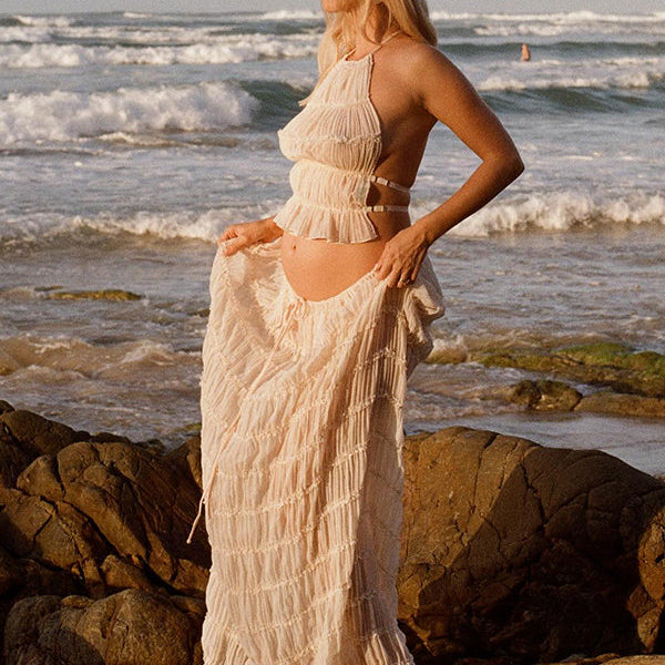 Momsmood Beige 2 Piece Smocked Ruffle Backless Flowy Elegant Vacation Beach Photoshoot Maternity Maxi Dress
