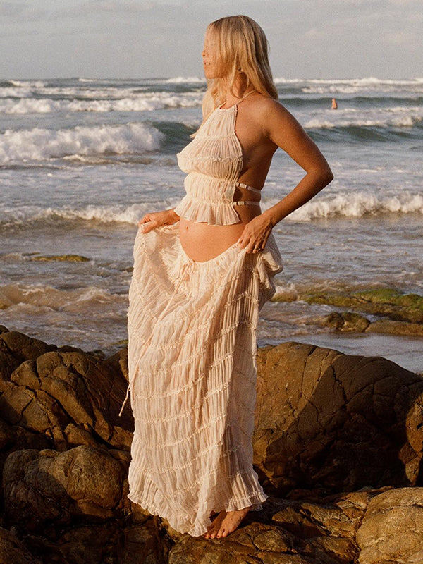 Momsmood Beige 2 Piece Smocked Ruffle Backless Flowy Elegant Vacation Beach Photoshoot Maternity Maxi Dress Momsmood Beige 2 Piece Smocked Ruffle Backless Flowy Elegant Vacation Beach Photoshoot Maternity Maxi Dress