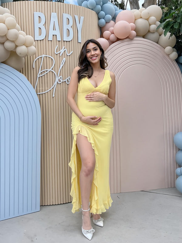 Momsmood Yellow Ruffle Side Slit Flowy V-neck Bodycon Cute Baby Shower Maternity Maxi Dress