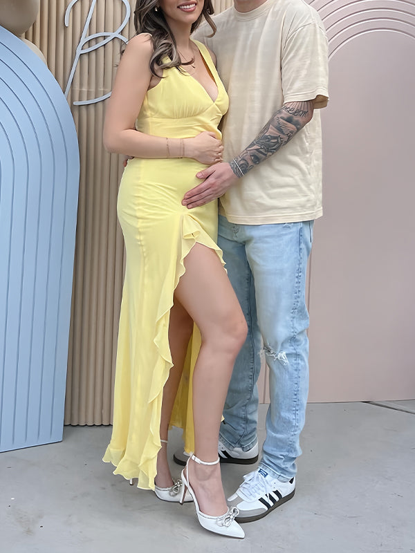 Momsmood Yellow Ruffle Side Slit Flowy V-neck Bodycon Cute Baby Shower Maternity Maxi Dress