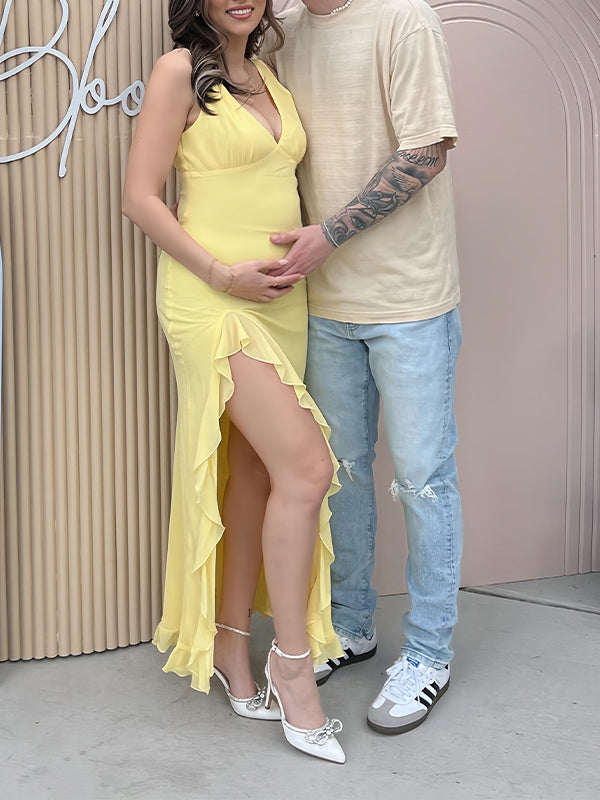 Momsmood Yellow Ruffle Side Slit Flowy V-neck Bodycon Cute Baby Shower Maternity Maxi Dress