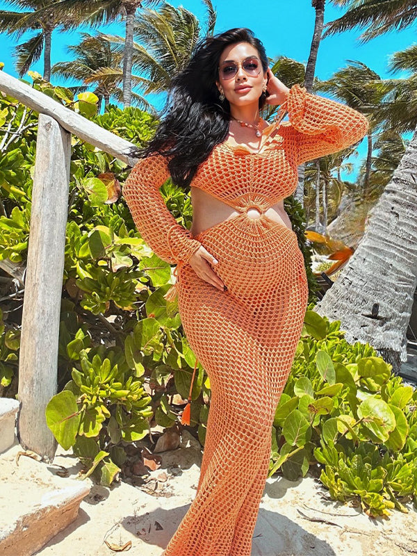 Momsmood Orange Cut Out Tassel Sheer Vacation Beach Cover Up Bodycon Fashion Maternity Maxi Dress