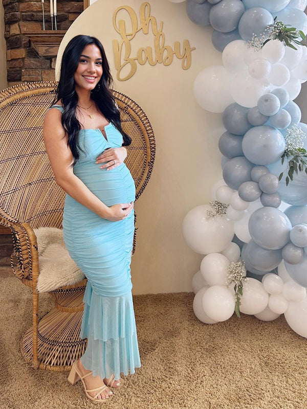 Momsmood Light Blue Tulle Ruffle Mermaid Cut Out Ruched Bodycon Gender Reveal Baby Boy Shower Maternity Maxi Dress