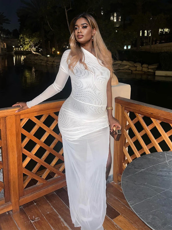 Momsmood Grenadine Sheer One Long Sleeve Side Slit Fashion Bodycon Photoshoot Party Maternity Maxi Dress