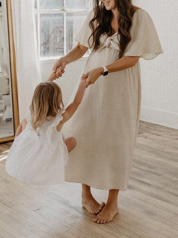 Momsmood Bow Flutter Sleeve Solid V-neck Flowy Vacation Beach Cute Baby Shower Photoshoot Maternity Maxi Dress
