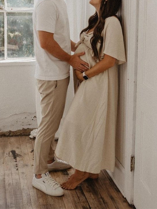 Momsmood Bow Flutter Sleeve Solid V-neck Flowy Vacation Beach Cute Baby Shower Photoshoot Maternity Maxi Dress