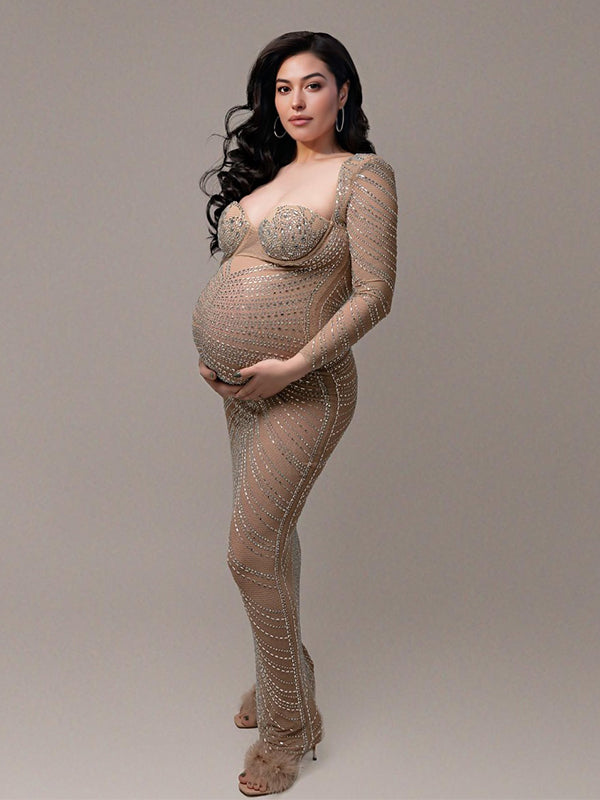 Momsmood Diamond Rhinestone Mesh Sheer Bodycon Elegant Photoshoot Maternity Maxi Dress