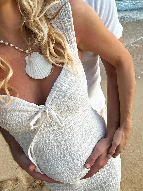 Momsmood Smocked Bow Tie Side Slit Elegant Bodycon Vacation Beach Photoshoot Cute Baby Shower Maternity Maxi Dress
