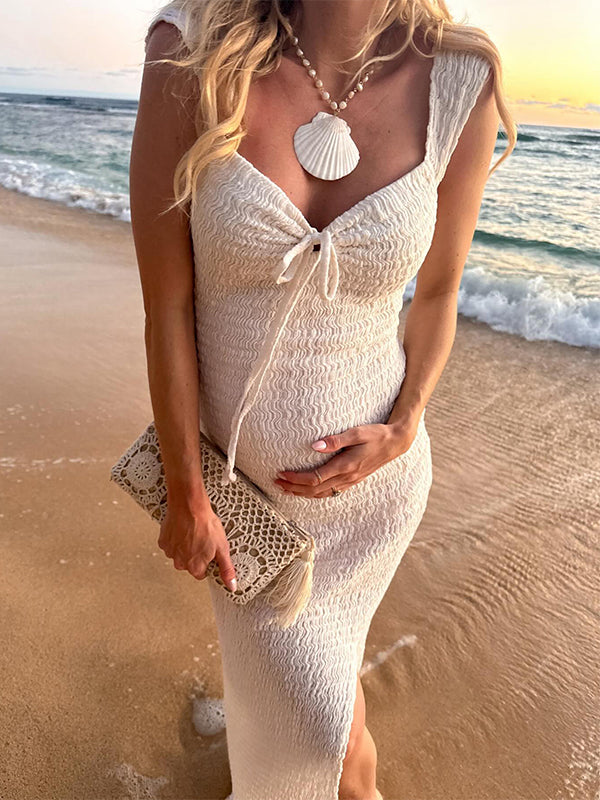 Momsmood Smocked Bow Tie Side Slit Elegant Bodycon Vacation Beach Photoshoot Cute Baby Shower Maternity Maxi Dress