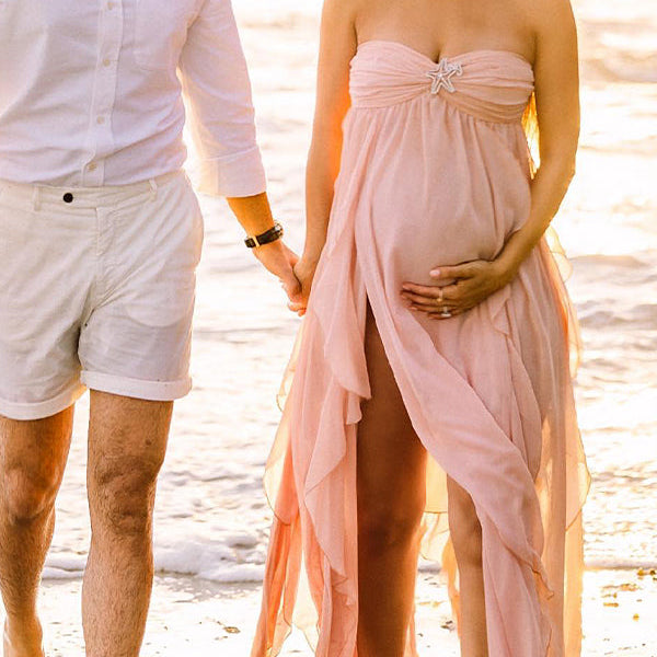 Momsmood Pink Irregular Ruffle Halter Neck Backless Flowy Elegant Vacation Beach Photoshoot Gender Reveal Girl Baby Shower Maternity Maxi Dress