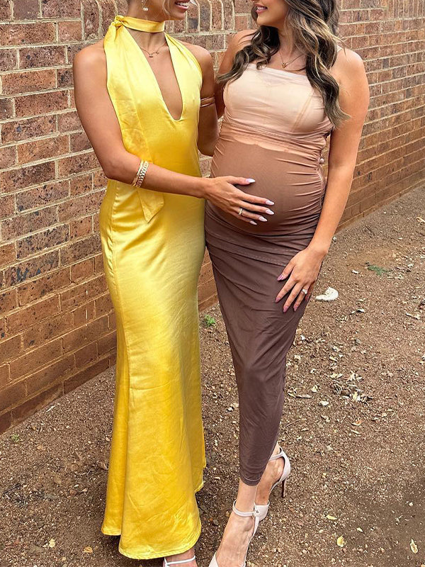 Momsmood Brown Gradient Color Ruched Grenadine Bodycon Fashion Daily Baby Shower Maternity Maxi Dress