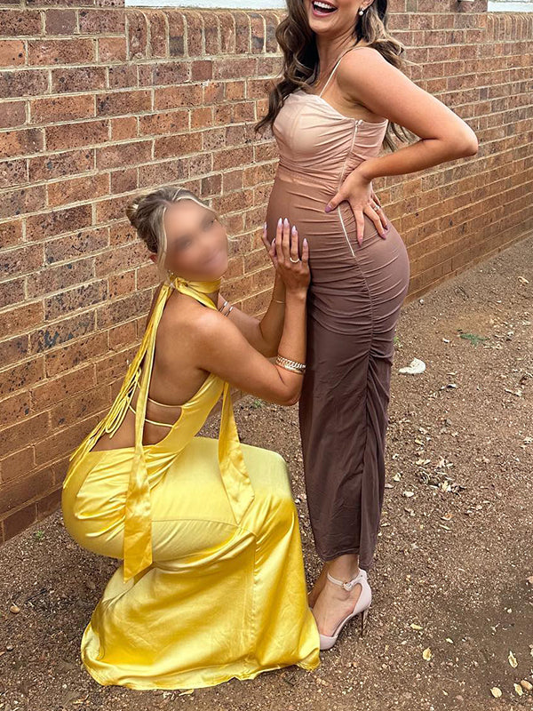 Momsmood Brown Gradient Color Ruched Grenadine Bodycon Fashion Daily Baby Shower Maternity Maxi Dress