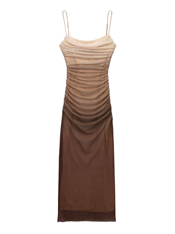 Momsmood Brown Gradient Color Ruched Grenadine Bodycon Fashion Daily Baby Shower Maternity Maxi Dress