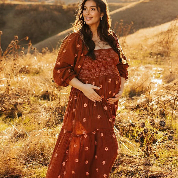 Momsmood Sun Flowers Square Smocked Neck Puff Sleeve Big Swing Flowy Baby Shower Photoshoot Maternity Maxi Dress