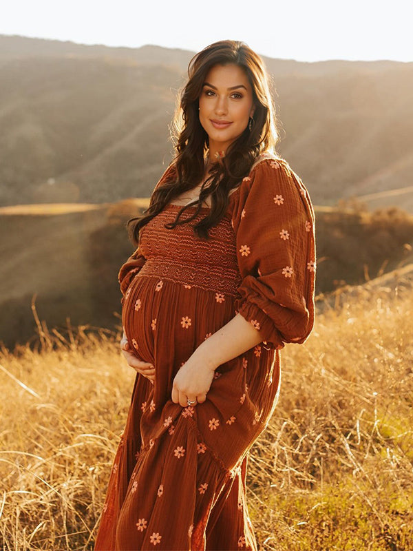 Momsmood Sun Flowers Square Smocked Neck Puff Sleeve Big Swing Flowy Baby Shower Photoshoot Maternity Maxi Dress