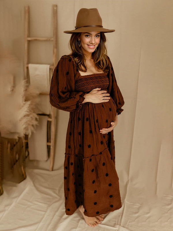 Momsmood Sun Flowers Square Smocked Neck Puff Sleeve Big Swing Flowy Baby Shower Photoshoot Maternity Maxi Dress