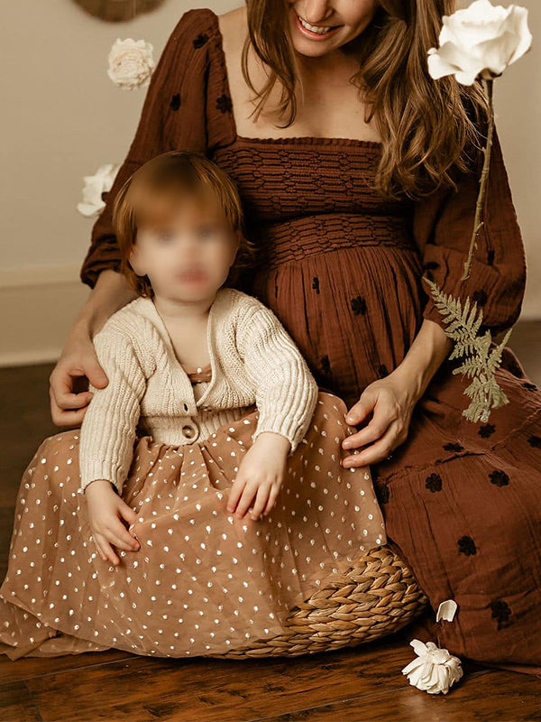 Momsmood Sun Flowers Square Smocked Neck Puff Sleeve Big Swing Flowy Baby Shower Photoshoot Maternity Maxi Dress