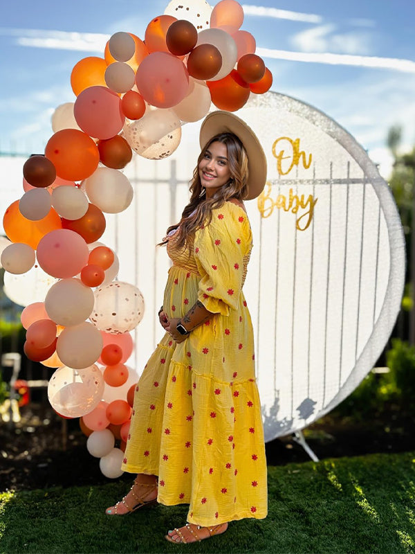 Momsmood Sun Flowers Square Smocked Neck Puff Sleeve Big Swing Flowy Baby Shower Photoshoot Maternity Maxi Dress