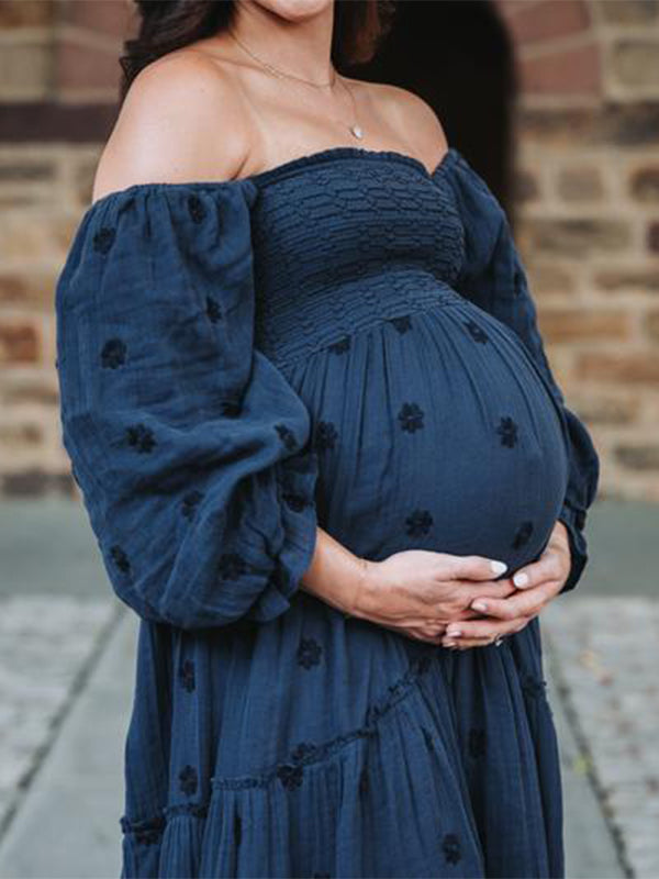 Momsmood Sun Flowers Square Smocked Neck Puff Sleeve Big Swing Flowy Baby Shower Photoshoot Maternity Maxi Dress