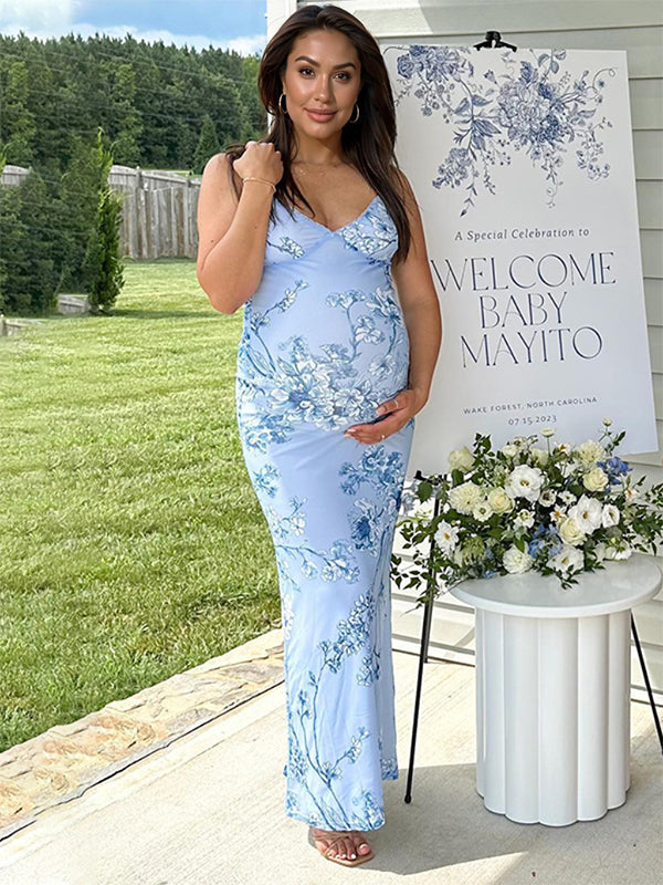 Momsmood Blue Flowers Spaghetti Strap Bodycon Fashion Vacation Cute Baby Shower Maternity Maxi Dress