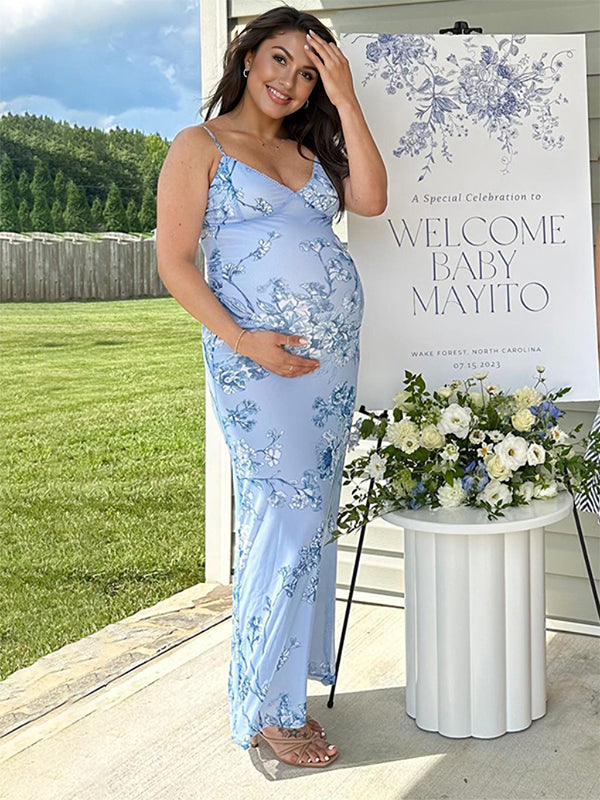 Momsmood Blue Flowers Spaghetti Strap Bodycon Fashion Vacation Cute Baby Shower Maternity Maxi Dress