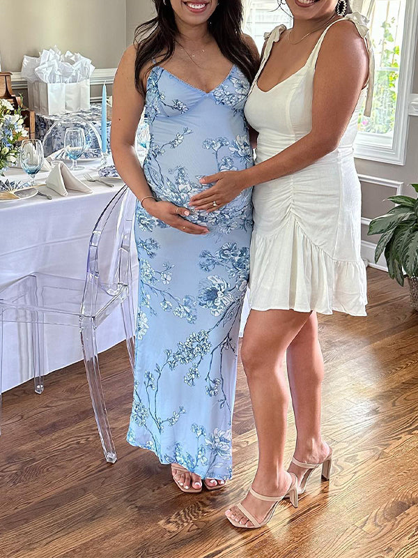 Momsmood Blue Flowers Spaghetti Strap Bodycon Fashion Vacation Cute Baby Shower Maternity Maxi Dress