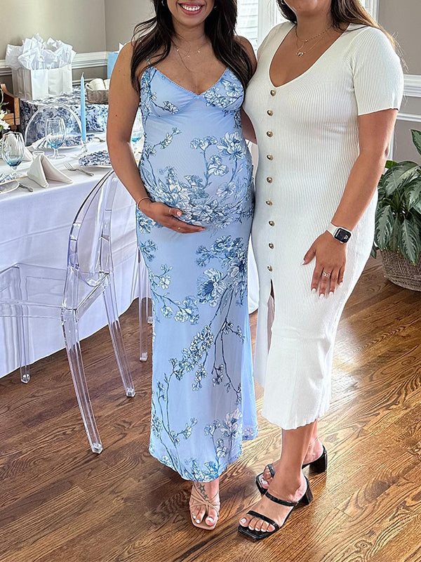 Momsmood Blue Flowers Spaghetti Strap Bodycon Fashion Vacation Cute Baby Shower Maternity Maxi Dress