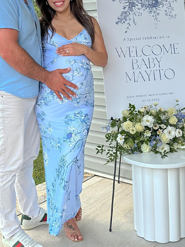 Momsmood Blue Flowers Spaghetti Strap Bodycon Fashion Vacation Cute Baby Shower Maternity Maxi Dress