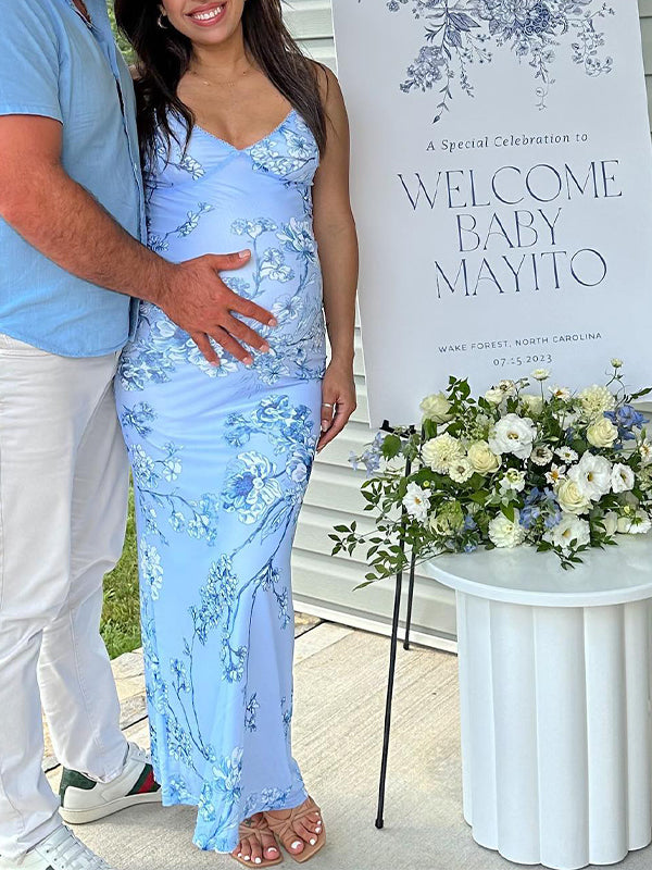 Momsmood Blue Flowers Spaghetti Strap Bodycon Fashion Vacation Cute Baby Shower Maternity Maxi Dress