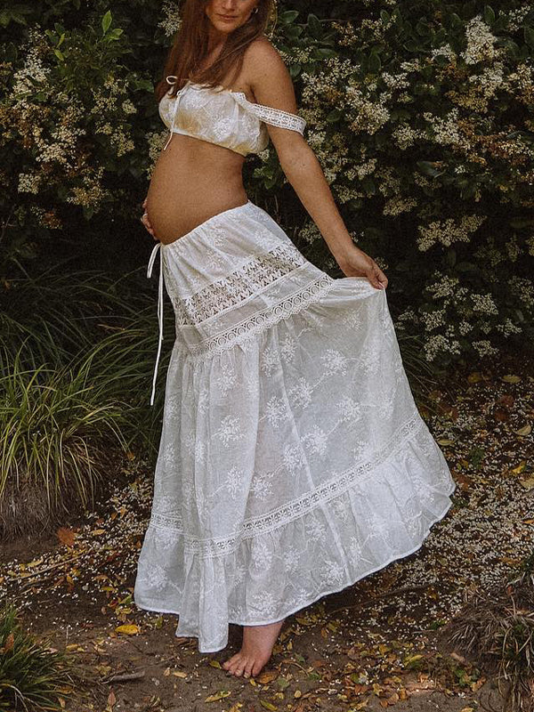 Momsmood White 2-in-1 Lace Cut Out Off Shoulder Tie Elegant Flowy Vacation Photoshoot Maternity Maxi Dress