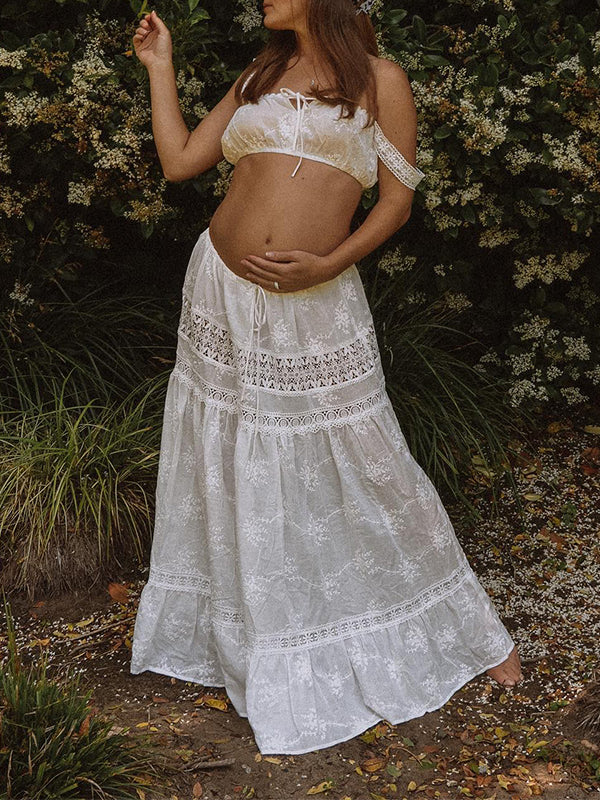 Momsmood White 2-in-1 Lace Cut Out Off Shoulder Tie Elegant Flowy Vacation Photoshoot Maternity Maxi Dress