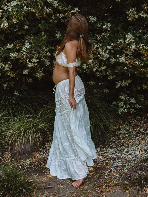Momsmood White 2-in-1 Lace Cut Out Off Shoulder Tie Elegant Flowy Vacation Photoshoot Maternity Maxi Dress