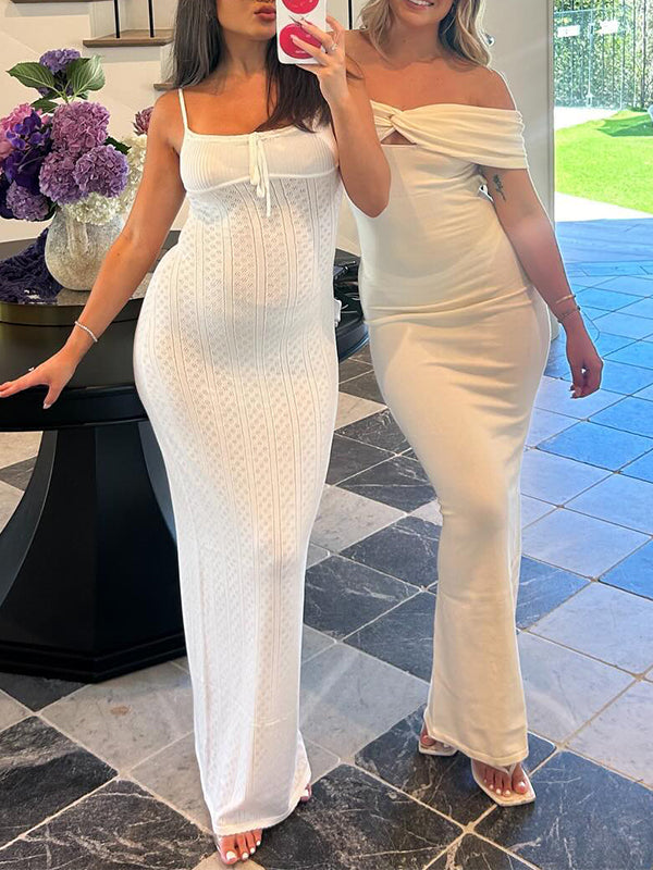 Momsmood White Crochet Cut Out Tie Back Slit Cami Bodycon Daily Cute Baby Shower Elegant Photoshoot Maternity Maxi Dress