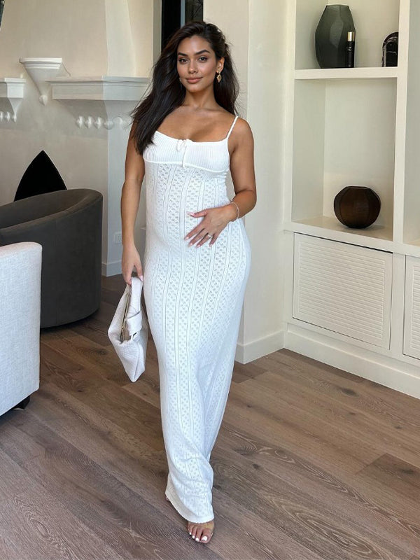 Momsmood White Crochet Cut Out Tie Back Slit Cami Bodycon Daily Cute Baby Shower Elegant Photoshoot Maternity Maxi Dress