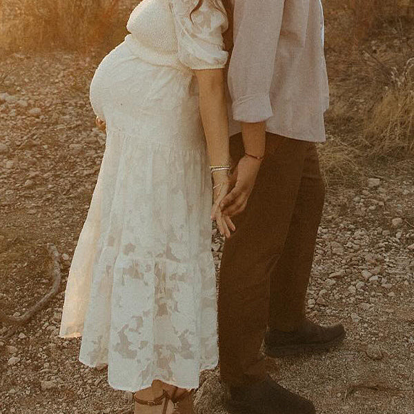 Momsmood Lace Smocked Flowers Puff Sleeve Flowy Big Swing Elegant Photoshoot Cute Baby Shower Maternity Maxi Dress