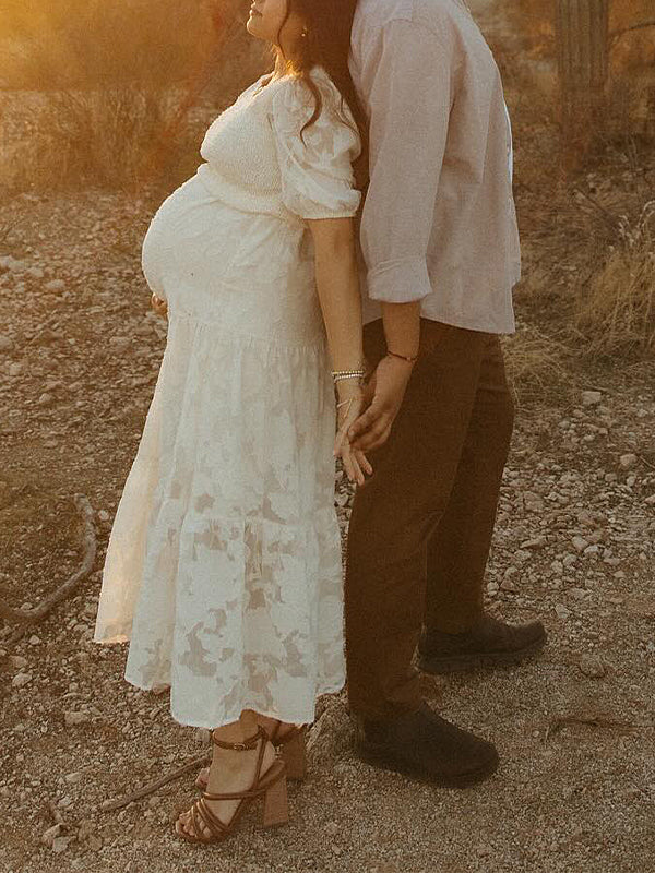 Momsmood Lace Smocked Flowers Puff Sleeve Flowy Big Swing Elegant Photoshoot Cute Baby Shower Maternity Maxi Dress