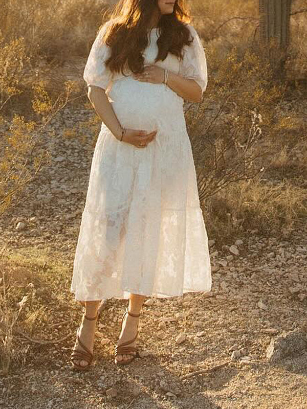 Momsmood Lace Smocked Flowers Puff Sleeve Flowy Big Swing Elegant Photoshoot Cute Baby Shower Maternity Maxi Dress