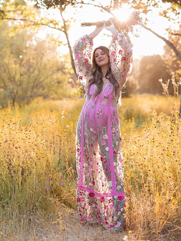 Momsmood Pink Flowers Backless Sheer V-neck Lantern Sleeve Boho Elegant Photoshoot Maternity Maxi Dress