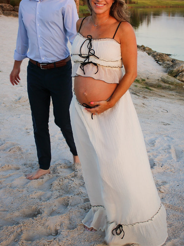Momsmood Beige 2-in-1 Cake Ruffle Tie Cute Elegant Flowy Vacation Baby Shower Photoshoot Maternity Maxi Dress