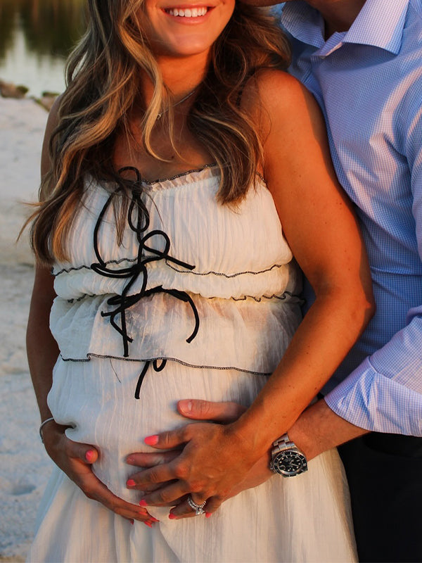 Momsmood Beige 2-in-1 Cake Ruffle Tie Cute Elegant Flowy Vacation Baby Shower Photoshoot Maternity Maxi Dress