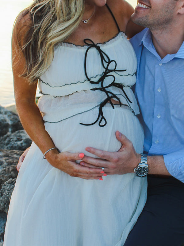 Momsmood Beige 2-in-1 Cake Ruffle Tie Cute Elegant Flowy Vacation Baby Shower Photoshoot Maternity Maxi Dress