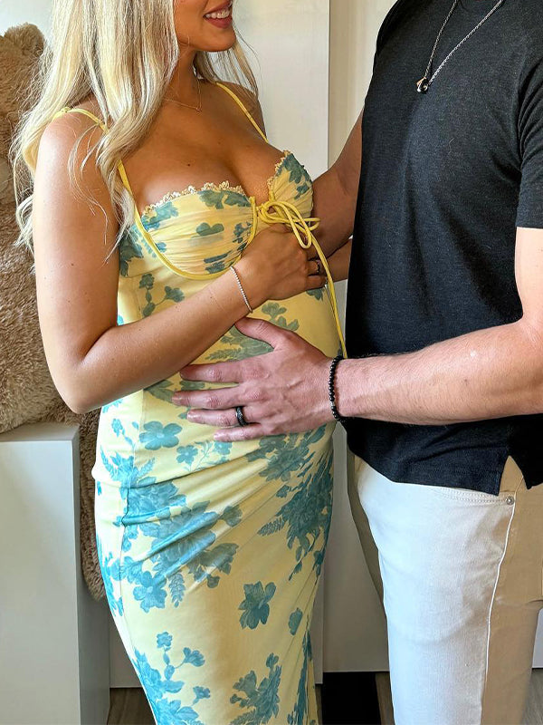Momsmood Light Yellow Mermaid Cami Flowers Lace Tie Sweetheart Neckline Bodycon Cute Baby Shower Maternity Maxi Dress