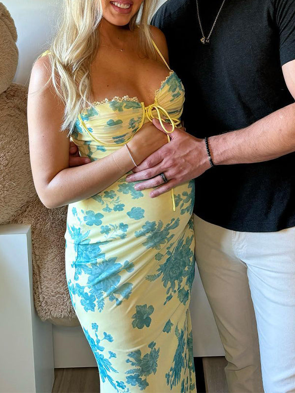 Momsmood Light Yellow Mermaid Cami Flowers Lace Tie Sweetheart Neckline Bodycon Cute Baby Shower Maternity Maxi Dress