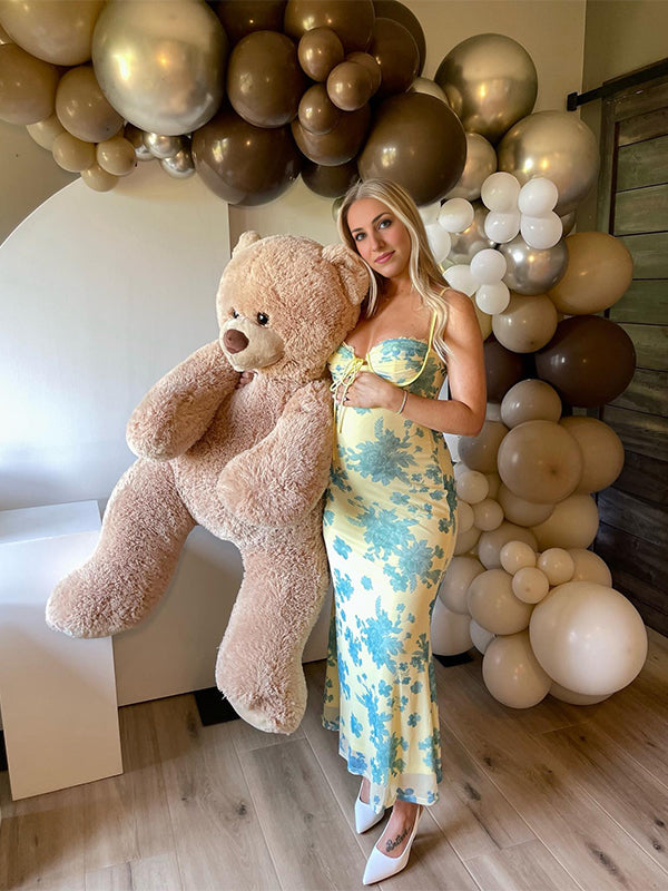 Momsmood Light Yellow Mermaid Cami Flowers Lace Tie Sweetheart Neckline Bodycon Cute Baby Shower Maternity Maxi Dress