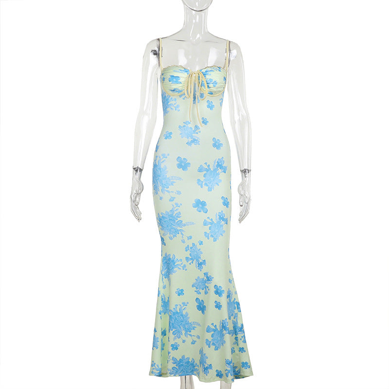Momsmood Light Yellow Mermaid Cami Flowers Lace Tie Sweetheart Neckline Bodycon Cute Baby Shower Maternity Maxi Dress