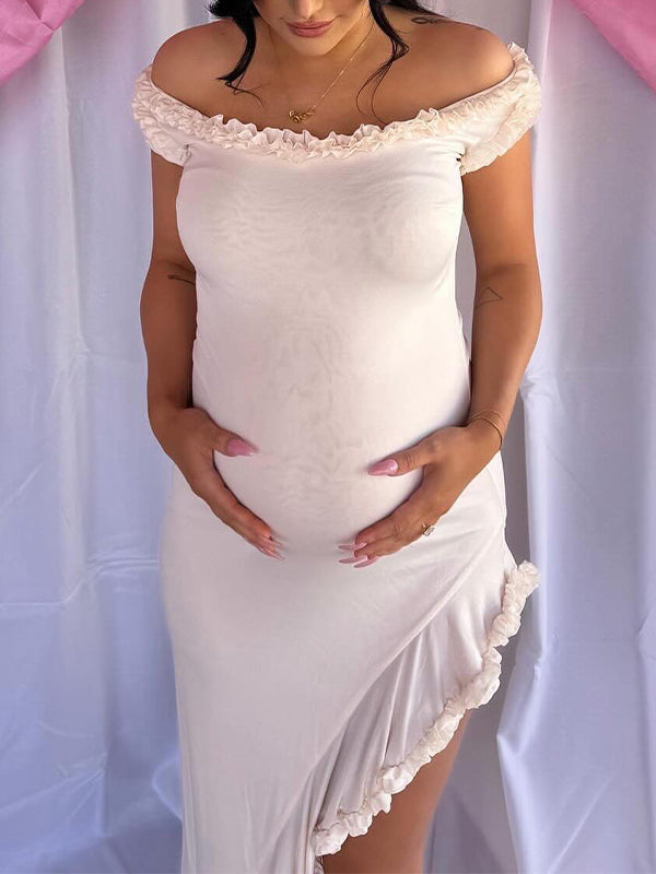 Momsmood Off Shoulder Irregular Side Slit Bodycon Fashion Photoshoot Baby Shower Maternity Maxi Dress