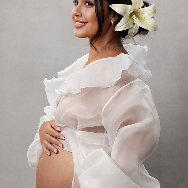 Momsmood White Ruffle Open Slit Lantern Sleeve Elegant Photoshoot Maternity Maxi Dress