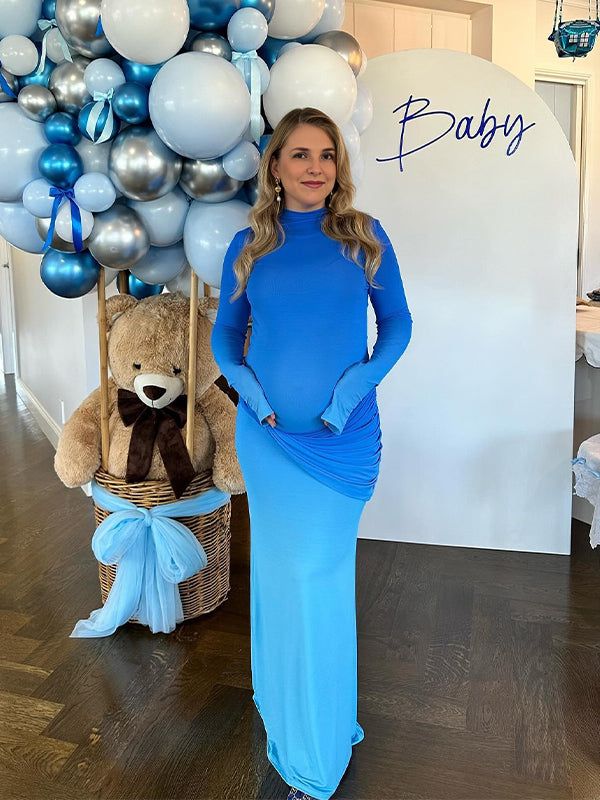 Momsmood Blue Hit Color Draped Band Neck Bodycon Fashion Baby Shower Maternity Maxi Dress