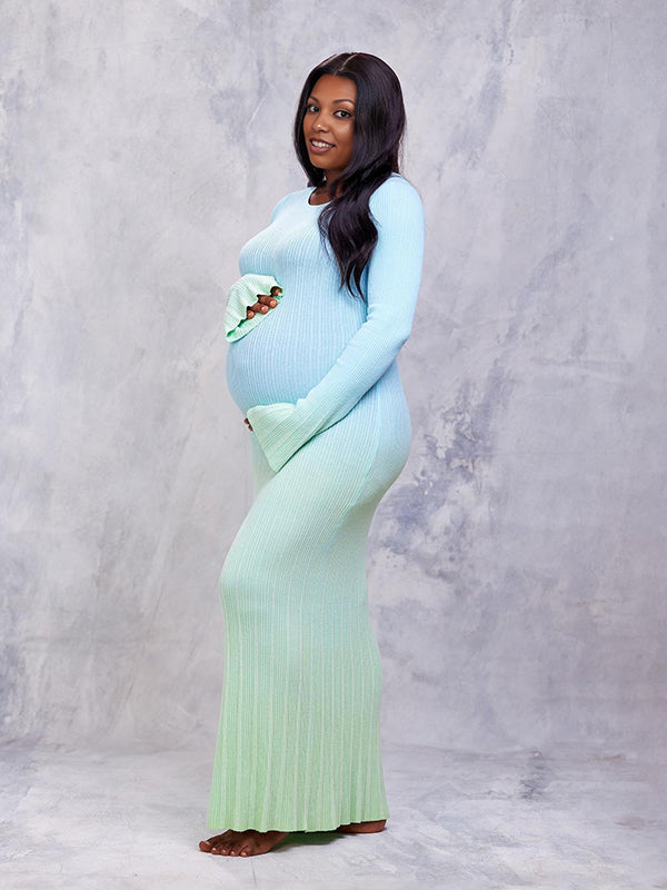 Momsmood Light Blue Hit Color Flare Sleeve Mermaid Elegant Photoshoot Baby Shower Maternity Maxi Sweater Dress